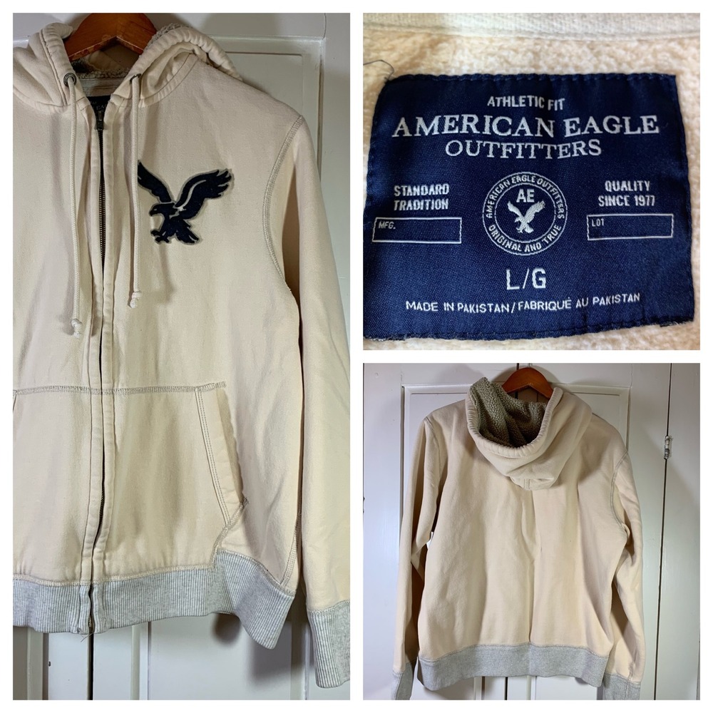 American Eagle Y2K Cream Sherpa Lined Zip Hoodie Athletic Fit‎ Large Eagle Logo
